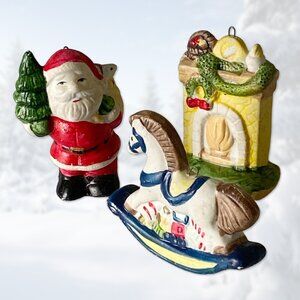 EUC 3 Christmas/Holiday Hanging Ornaments - Santa, Toy Horse & Fireplace Figures